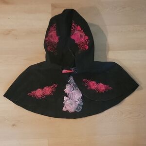 Black Hooded Cape with Red Rose Embroidery
